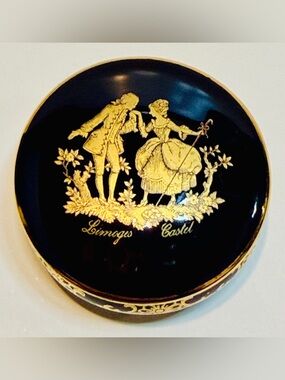 Limoges Castel France Cobalt Blue Trinket Box Gold Scene Vintage